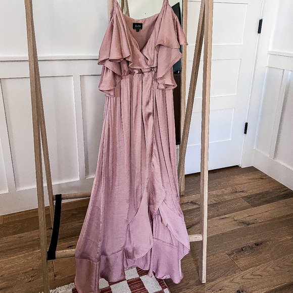 BARDOT - rose satin drop shoulder "Moriah" wrap maxi dress - Picture 3 of 5